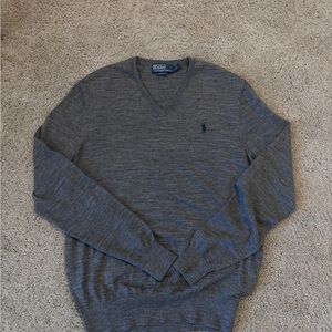 Ralph Lauren Men's V-Neck Sweater in Heather Gray with Green Logo